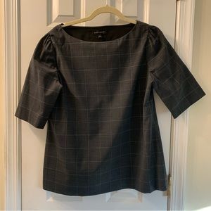 Banana Republic | Wool Blend Short Sleeve Dark Gray Silver Plaid Boxy Blouse
